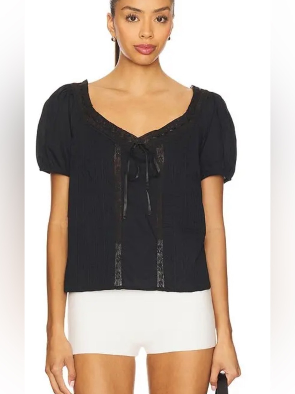 PAIGE Anzio short-sleeve blouse featuring a feminine sweetheart/V-neckline,